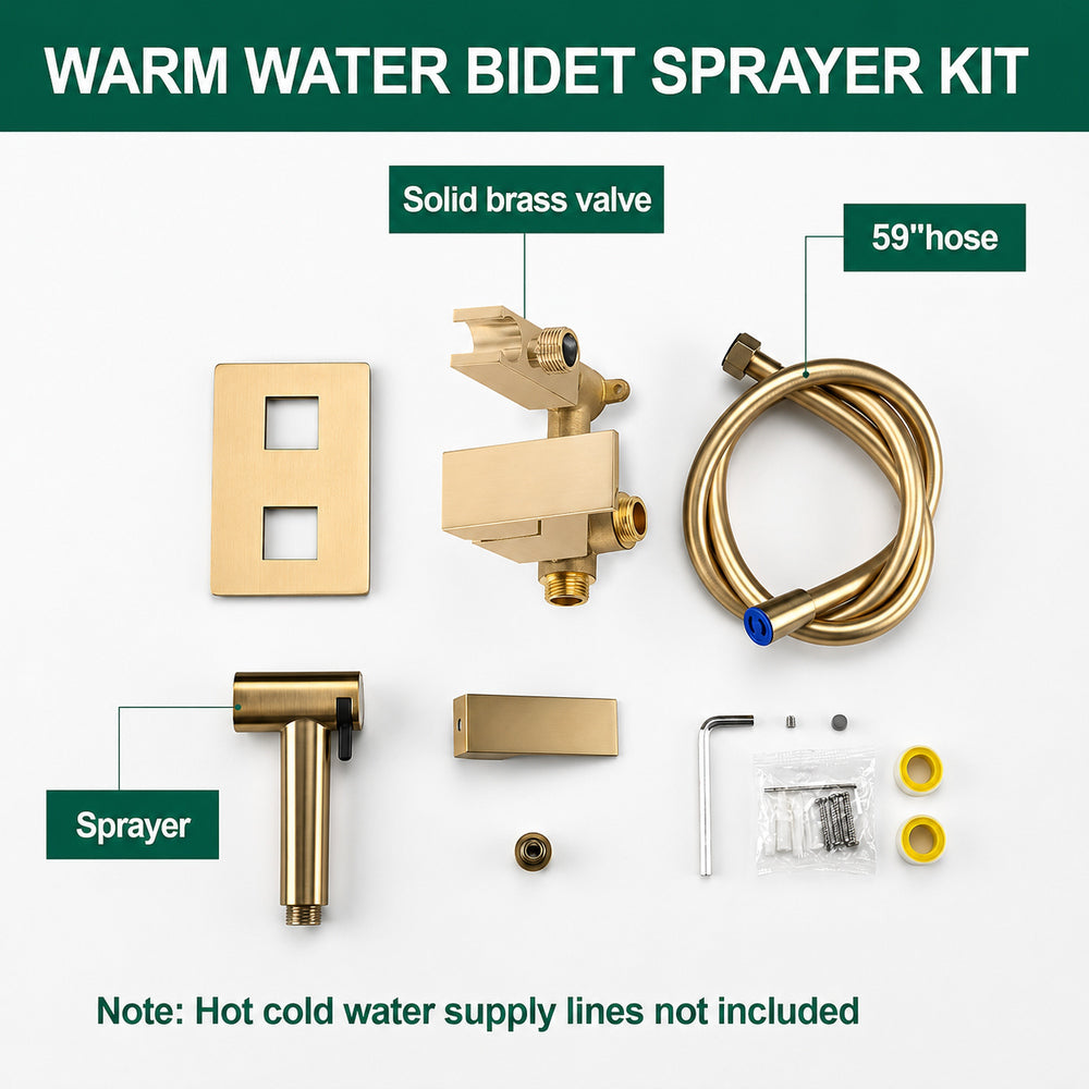 Wall-Mount Concealed Bidet Faucet, Handheld Hot / Cold Bidet Sprayer Set with Hose, Brushed Gold / Chrome / Matte Black / Matte White / Gunmetal