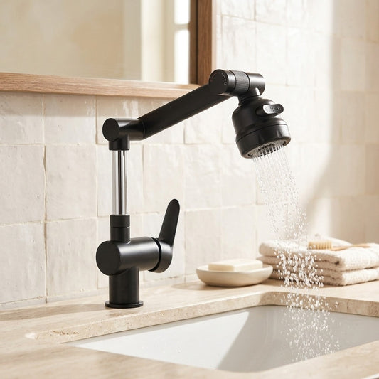 Lagomel single-hole bathroom faucet in matte black, chrome, set in a Modern/Contemporary bathroom