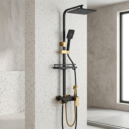 Lagomel wall-mounted single-handle complete shower system in matte black, two-tone / mixed finish, chrome, set in a Contemporary/Modern bathroom