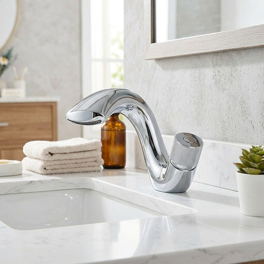 Lagomel waterfall single-hole bathroom faucet in chrome, matte black, brushed nickel, polished gold, two-tone / mixed, set in a Modern/Contemporary bathroom