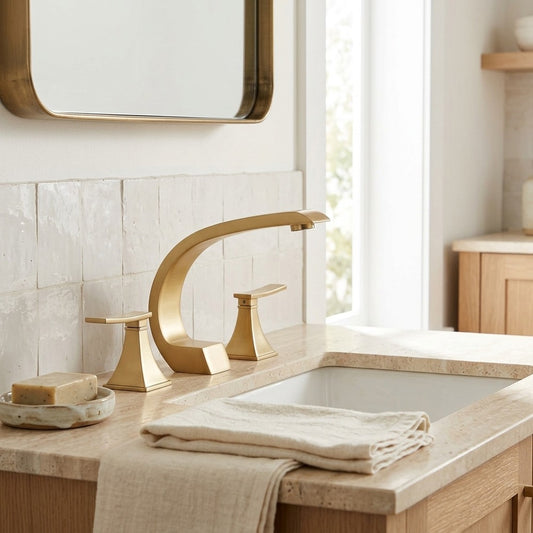 Lagomel waterfall widespread bathroom faucet in brushed gold, brushed nickel, chrome, matte black, rose gold, polished, set in a Modern/Contemporary bathroom