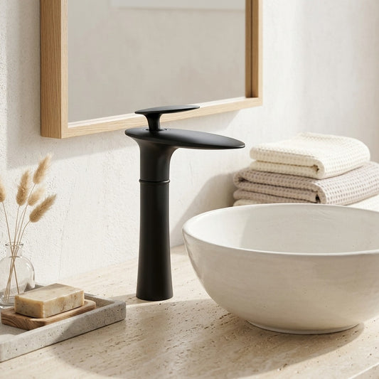 Lagomel single-hole waterfall vessel sink faucet in brushed nickel, chrome, matte black, matte white, two-tone /, set in a Modern/Contemporary bathroom