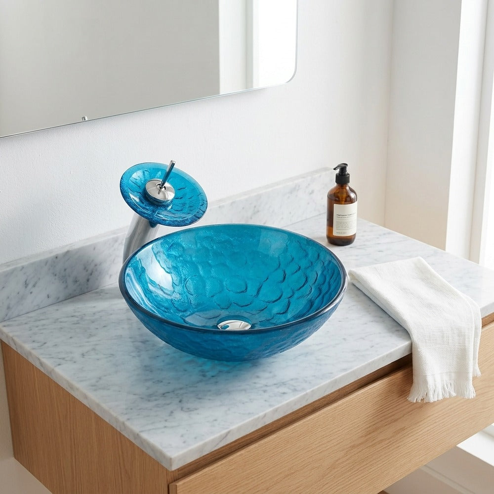 Lagomel single-hole waterfall faucet and sink set in chrome, set in a Contemporary/Modern bathroom