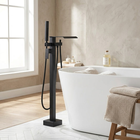 Lagomel waterfall single-handle wall-mount tub filler in matte black, chrome, set in a Contemporary bathroom
