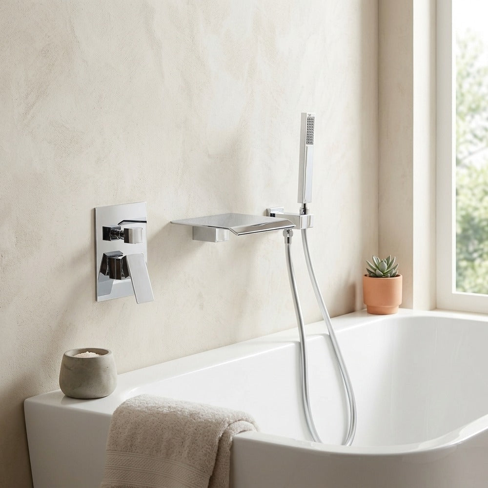 Lagomel waterfall single-handle wall-mount tub filler, set in a Modern/Minimalist bathroom