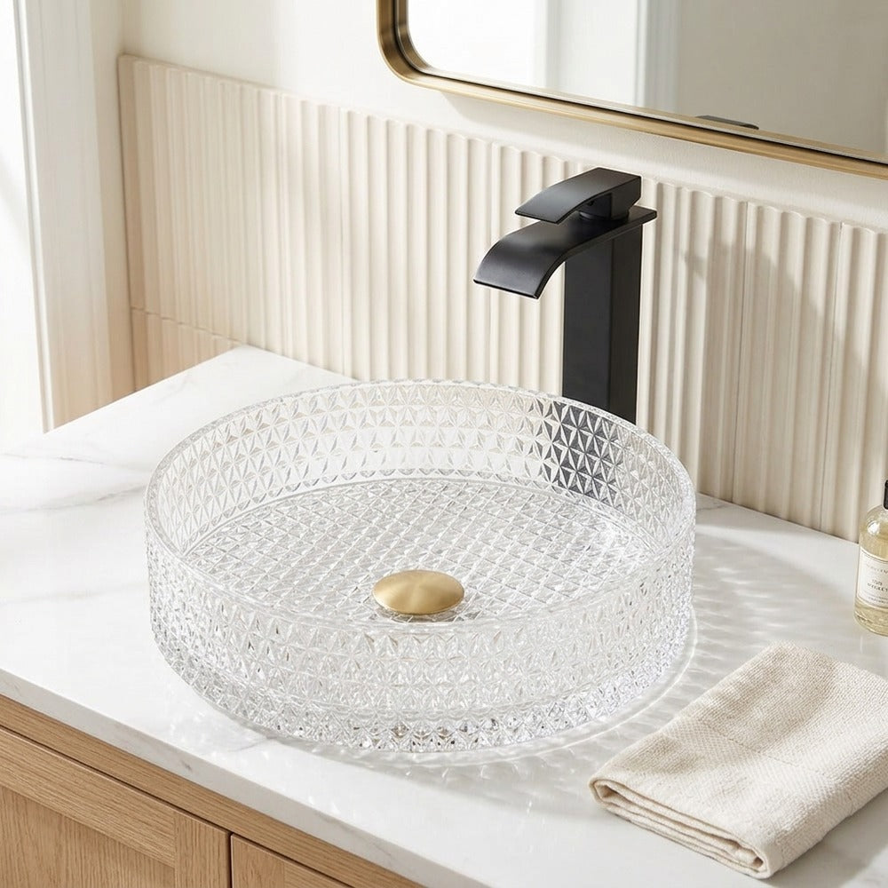 Lagomel single-hole waterfall faucet and sink set in matte black, brushed gold, set in a Modern/Contemporary bathroom