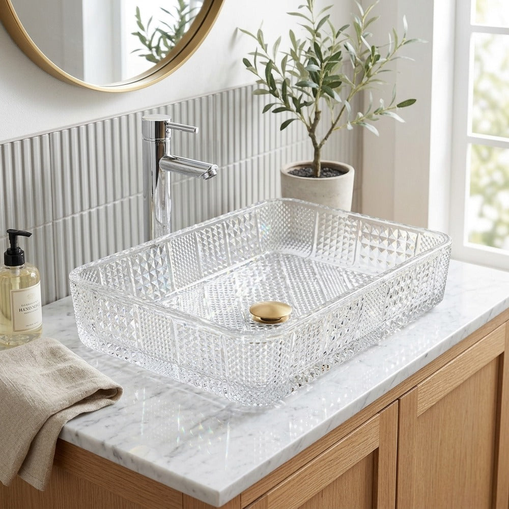 Lagomel single-handle faucet and sink set in chrome, polished gold, set in a Contemporary bathroom