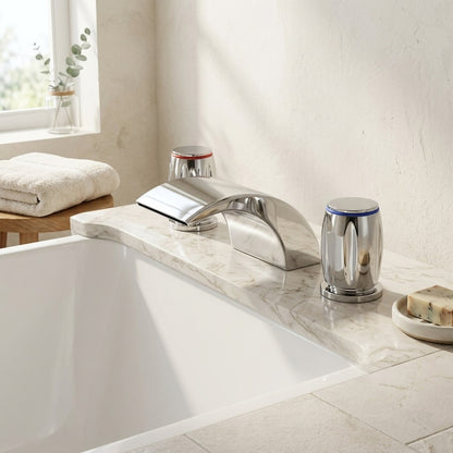 Lagomel waterfall double-handle deck-mount tub filler in chrome, matte black, brushed gold, stainless steel, set in a Modern/Contemporary bathroom