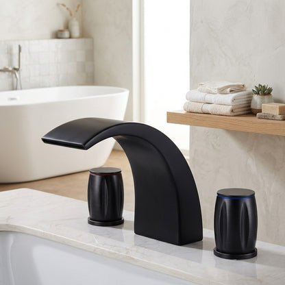 Lagomel waterfall double-handle deck-mount tub filler, set in a Modern/Contemporary bathroom