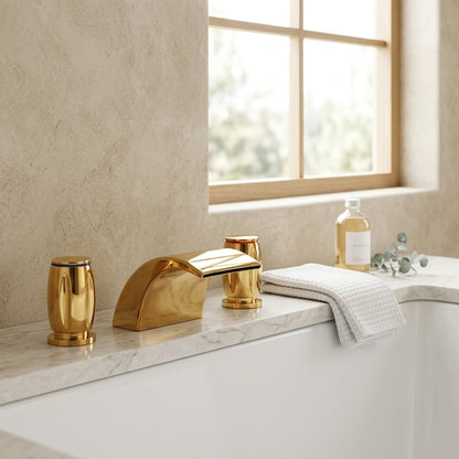 Lagomel waterfall double-handle deck-mount tub filler, set in a Modern/Contemporary bathroom