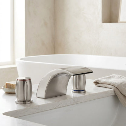Lagomel waterfall double-handle deck-mount tub filler, set in a Modern/Contemporary bathroom