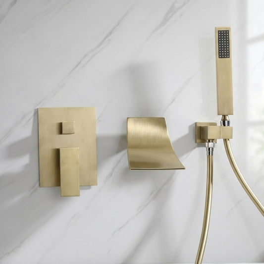 Lagomel waterfall single-handle wall-mount tub filler in brushed gold, brushed nickel, set in a Modern/Contemporary bathroom