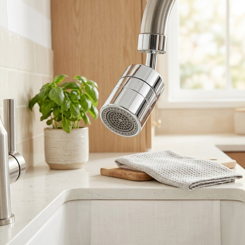 Lagomel faucet aerator in chrome, set in a Modern bathroom