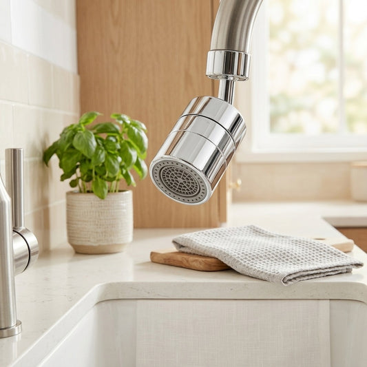 Lagomel faucet aerator in chrome, set in a Modern bathroom