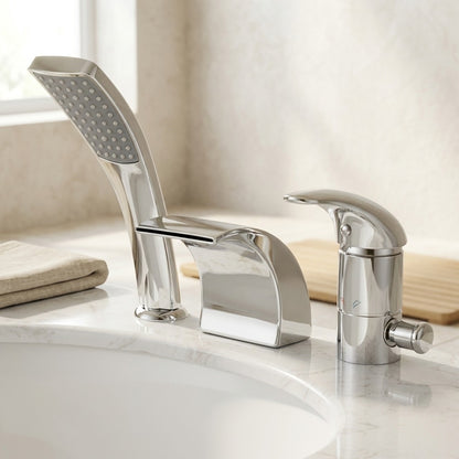 Lagomel waterfall single-handle deck-mount tub filler, set in a Modern/Contemporary bathroom