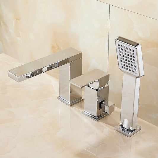 Lagomel waterfall single-handle deck-mount tub filler in chrome, set in a Modern/Contemporary bathroom
