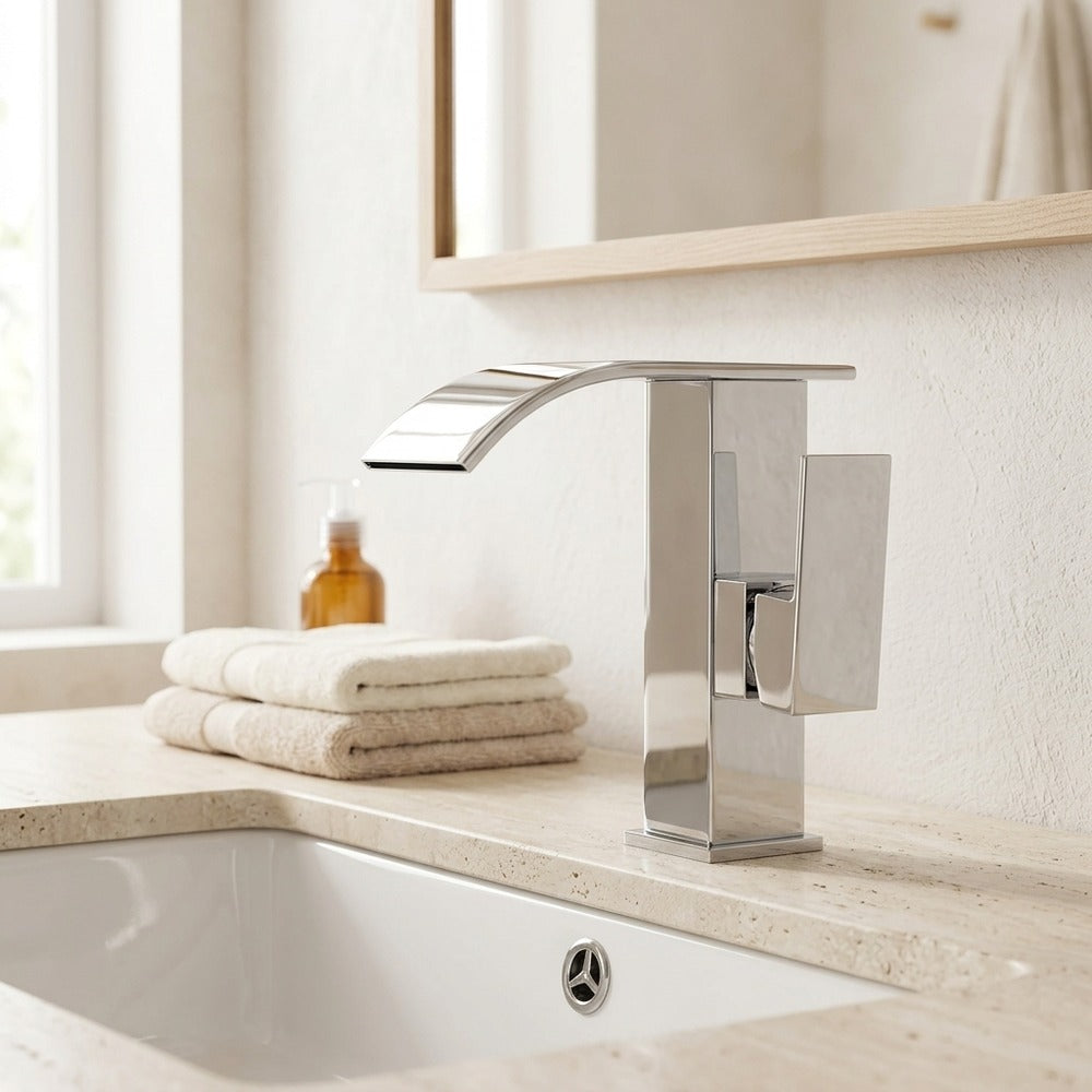 Lagomel waterfall single-hole bathroom faucet in chrome, set in a Modern/Contemporary bathroom