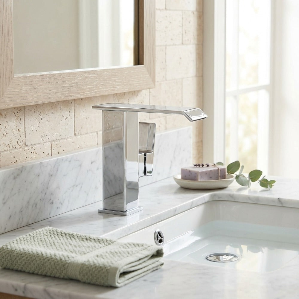 Lagomel waterfall single-hole bathroom faucet, set in a Modern/Minimalist bathroom