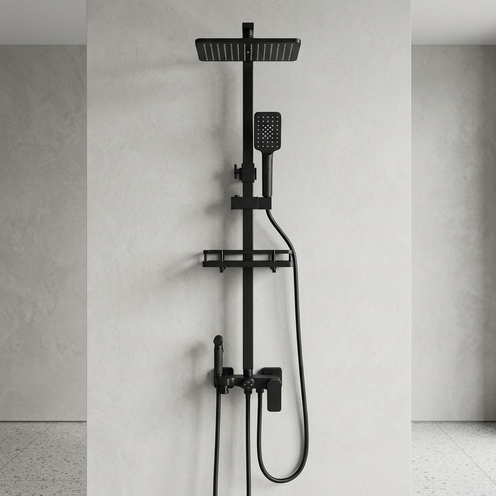 Matte Black Modern Wall-Mounted Shower System, Exposed Rainfall / Handheld Shower System with Bidet Sprayer / Storage Shelf