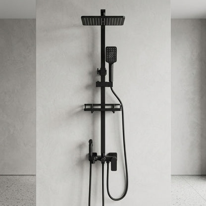 Matte Black Modern Wall-Mounted Shower System, Exposed Rainfall / Handheld Shower System with Bidet Sprayer / Storage Shelf