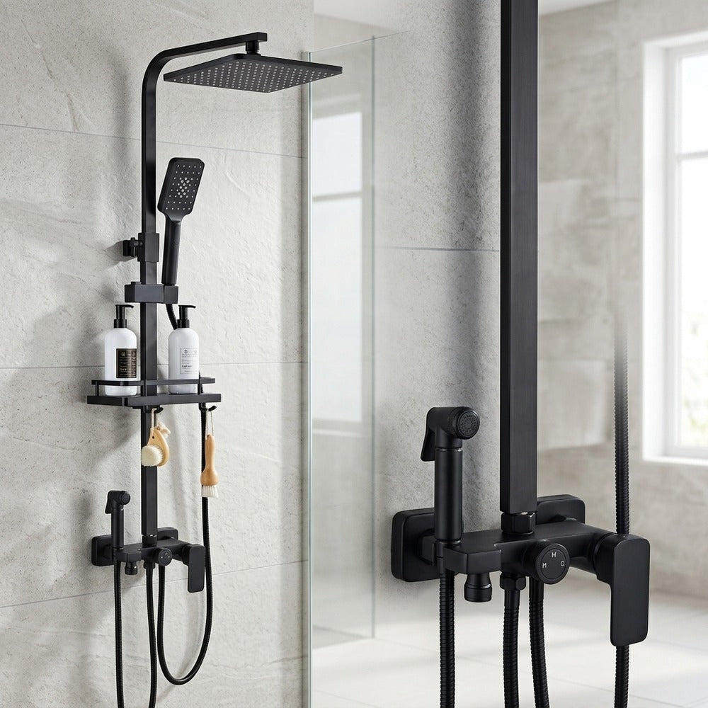 Lagomel wall-mounted complete shower system in matte black, set in a Contemporary/Modern bathroom