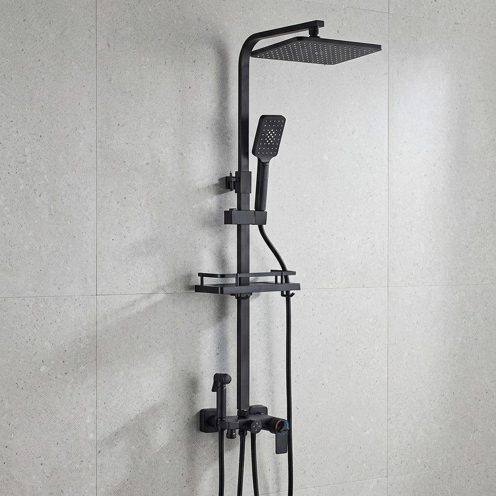 Matte Black Modern Wall-Mounted Shower System, Exposed Rainfall / Handheld Shower System with Bidet Sprayer / Storage Shelf