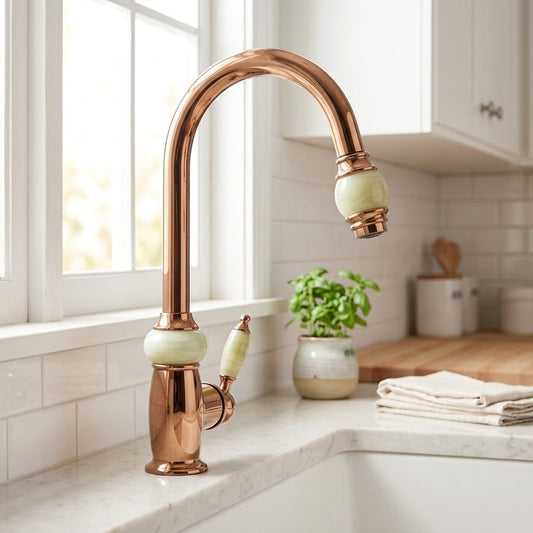 Lagomel single-handle pull-down kitchen faucet in polished gold, rose gold, set in a Traditional/Classic/Vintage/Retro kitchen