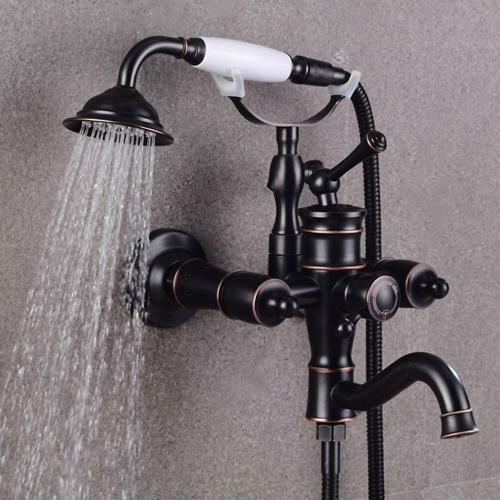 Lagomel double-handle wall-mount tub filler in oil-rubbed bronze, matte black, set in a Traditional/Classic/Vintage/Retro bathroom