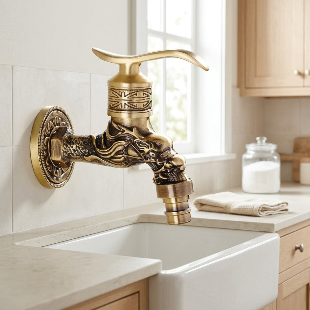 Lagomel wall-mounted single-handle outdoor faucet in antique brass, set in a Vintage/Retro/Traditional/Classic bathroom