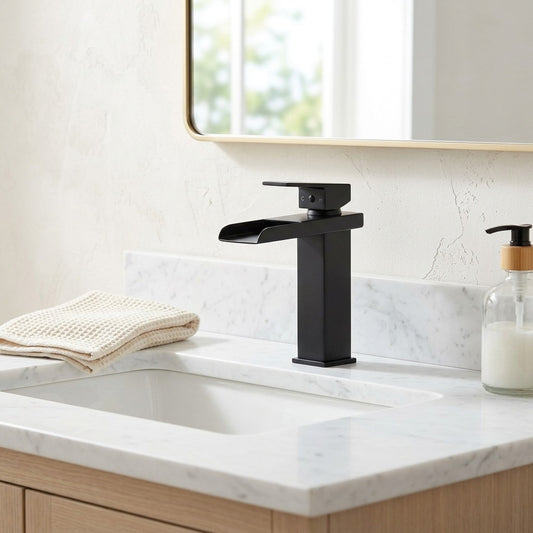 Lagomel waterfall single-hole bathroom faucet in matte black, brushed nickel, rose gold, brushed gold, chrome, matte, set in a Modern/Contemporary bathroom