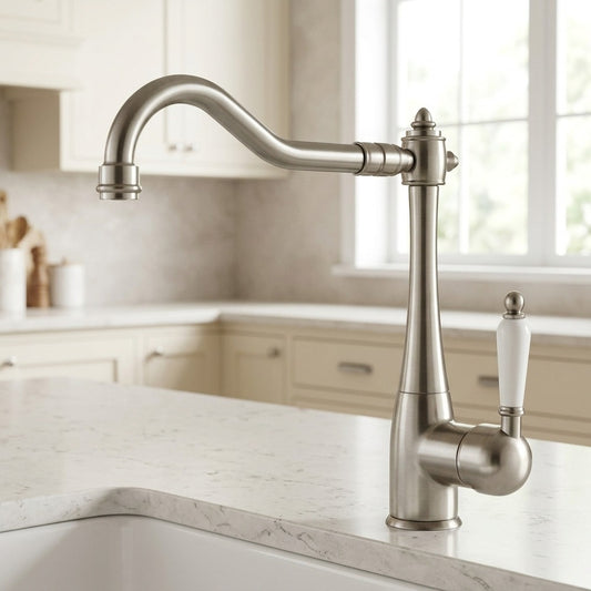Lagomel single-handle kitchen faucet in brushed nickel, set in a Contemporary kitchen