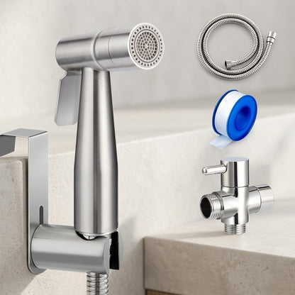 Stainless Steel Handheld Bidet Sprayer, Dual Spray Mode Shattaf Toilet Sprayer with T-Valve, Hose, Holder
