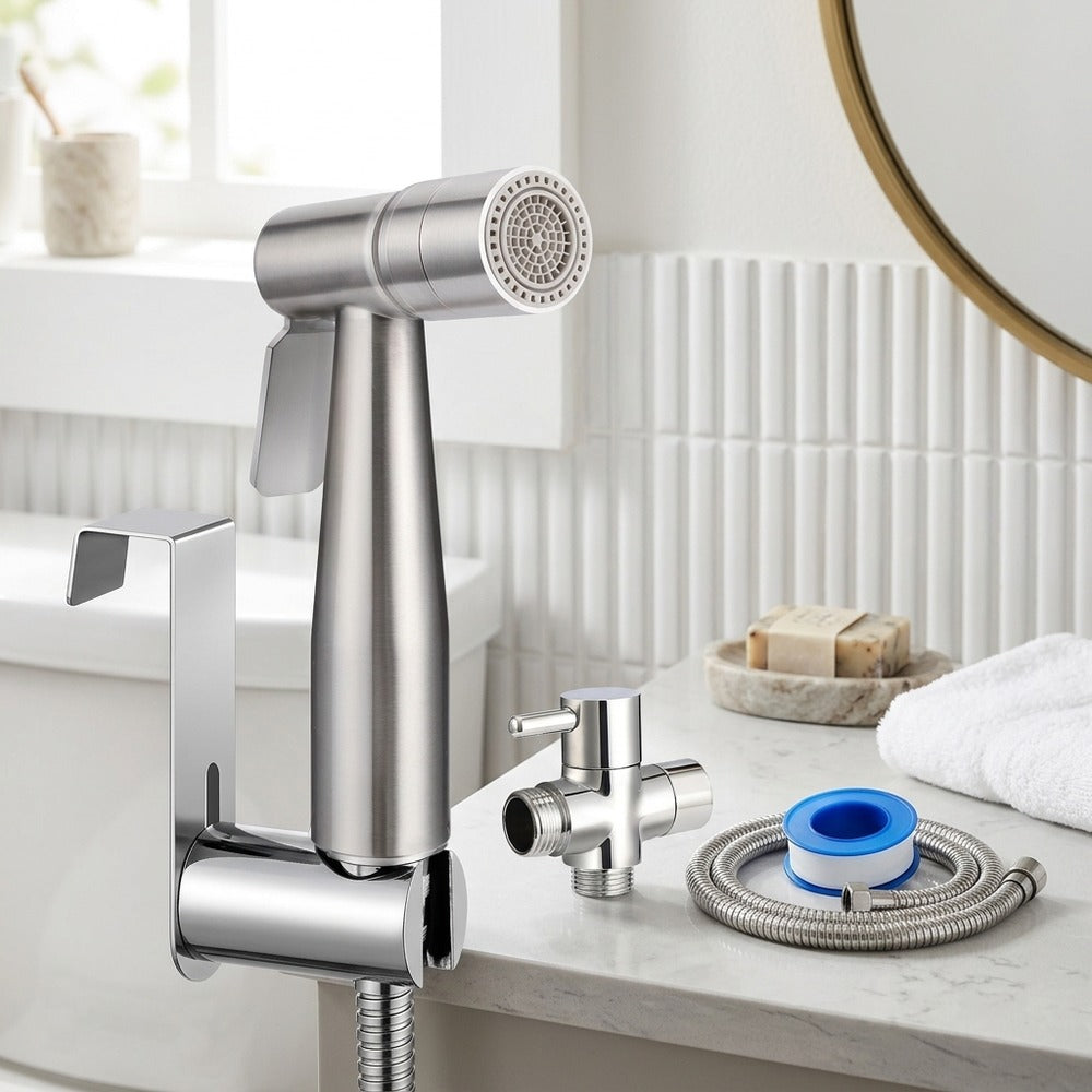 Lagomel bidet faucet in stainless steel, set in a Contemporary bathroom