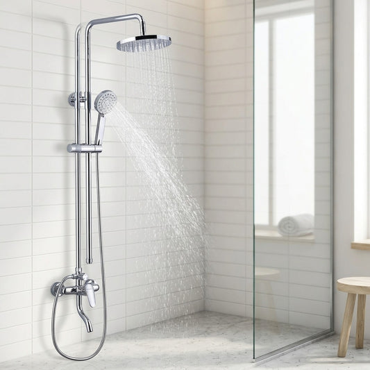 Lagomel wall-mounted single-handle tub and shower system in chrome, electroplated, set in a Modern/Traditional/Classic bathroom