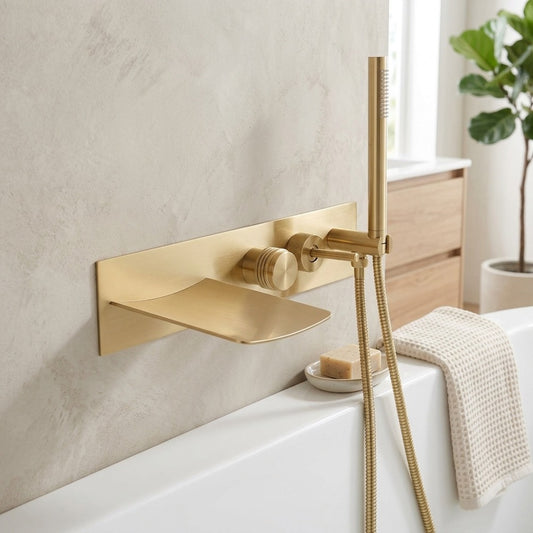 Lagomel waterfall wall-mount tub filler in brushed gold, matte black, set in a Contemporary bathroom