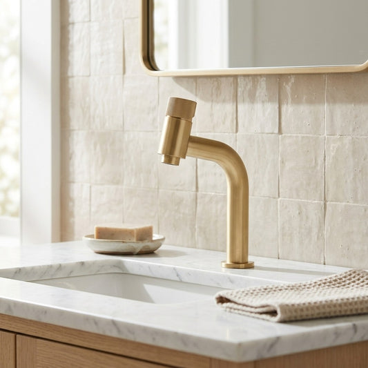 Lagomel single-hole bathroom faucet in chrome, antique brass, brushed gold, rose gold, brushed nickel, set in a Modern/Contemporary/Vintage/Retro bathroom