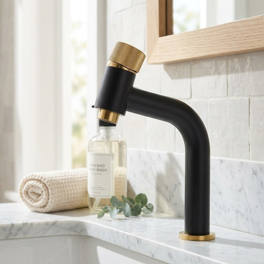 Lagomel single-hole bathroom faucet in matte black, brushed gold, rose gold, two-tone / mixed finish, set in a Modern/Contemporary/Vintage/Retro bathroom