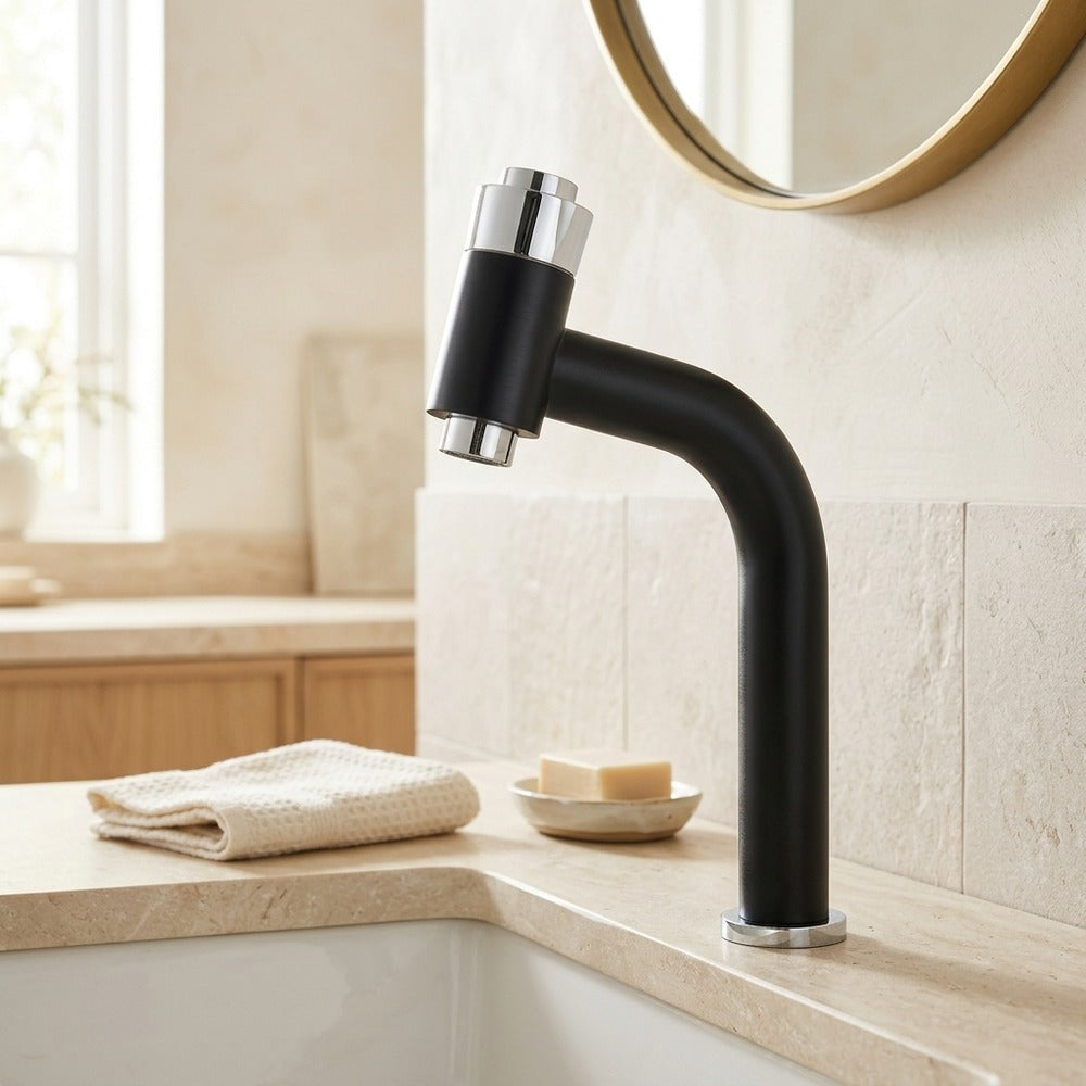 Lagomel single-hole bathroom faucet in matte black, chrome, gold, two-tone / mixed finish, set in a Modern/Contemporary/Vintage/Retro bathroom