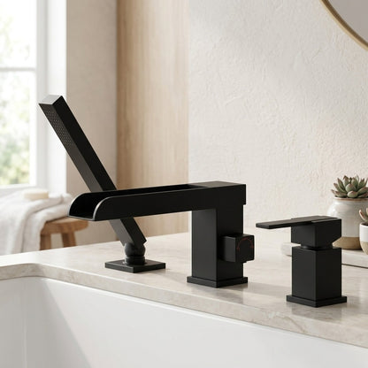 Lagomel waterfall single-handle deck-mount tub filler in brushed gold, matte black, chrome, set in a Contemporary bathroom