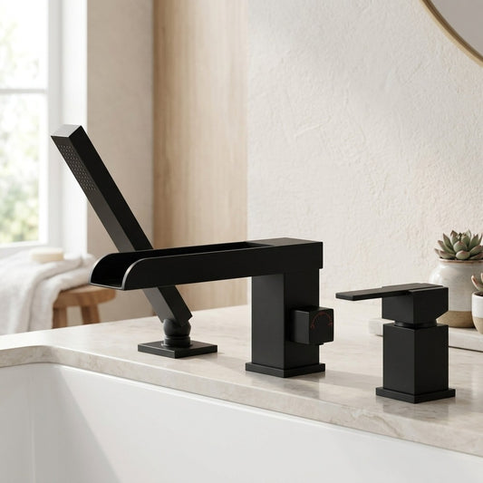 Lagomel waterfall single-handle deck-mount tub filler in brushed gold, matte black, chrome, set in a Contemporary bathroom