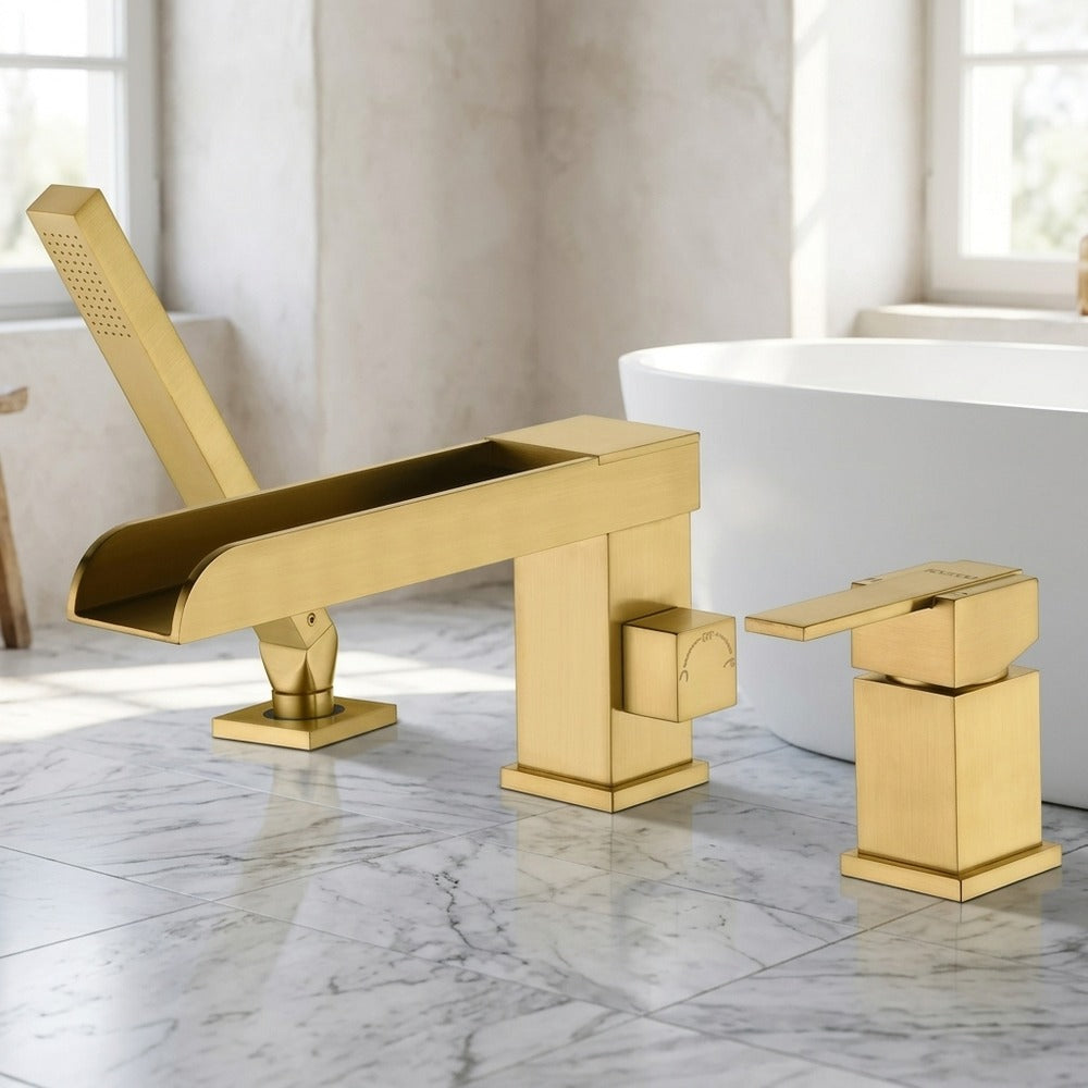 Lagomel waterfall single-handle deck-mount tub filler, set in a Modern/Contemporary bathroom