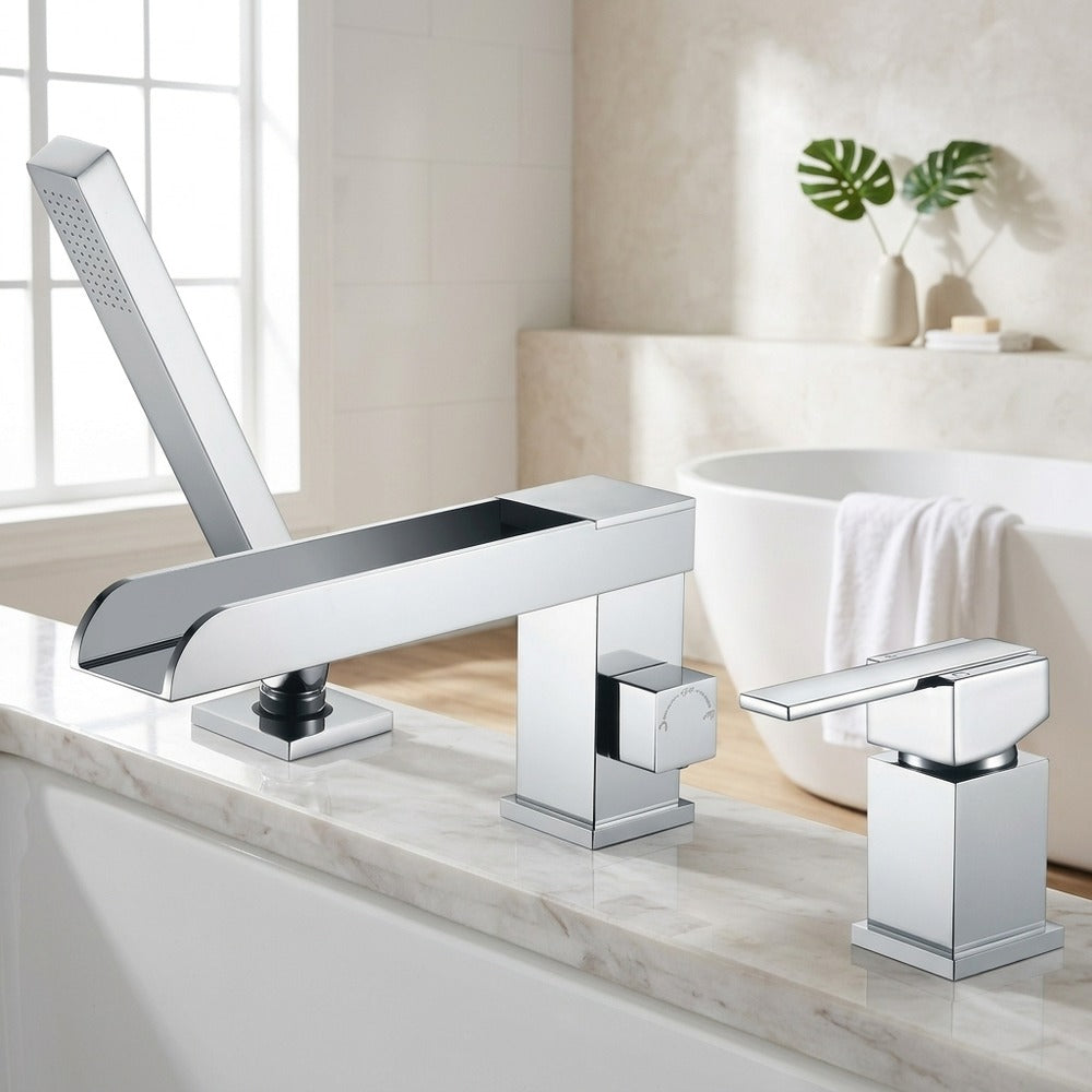 Lagomel waterfall single-handle deck-mount tub filler, set in a Modern/Contemporary bathroom
