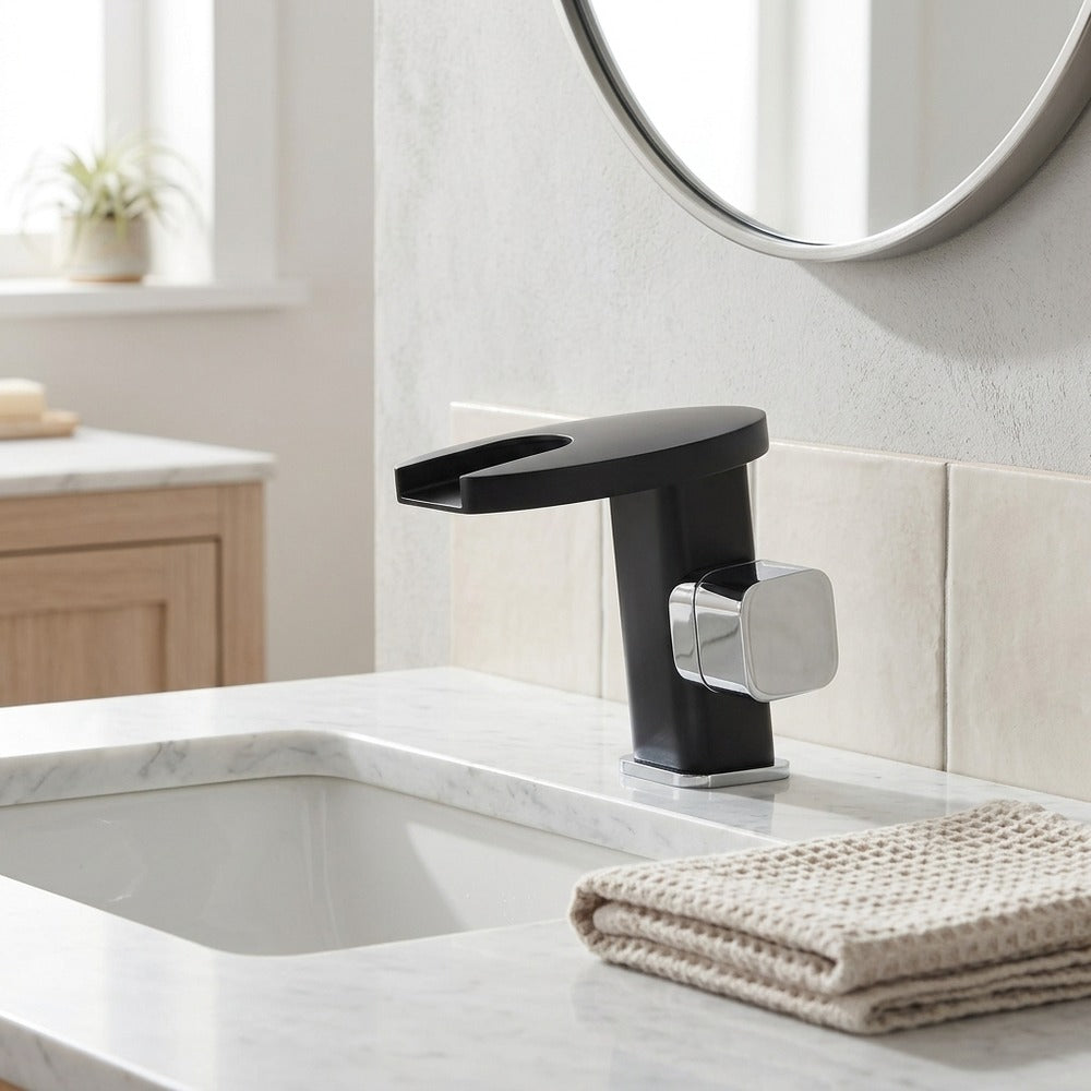 Lagomel waterfall single-hole bathroom faucet in matte black, chrome, polished gold, matte white, set in a Modern/Vintage/Retro bathroom