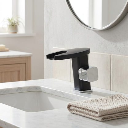 Lagomel waterfall single-hole bathroom faucet in matte black, chrome, polished gold, matte white, set in a Modern/Vintage/Retro bathroom
