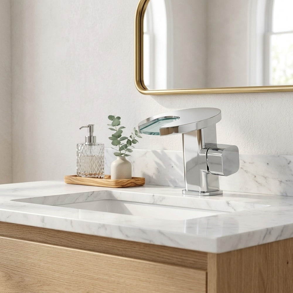 Lagomel waterfall single-hole bathroom faucet, set in a Modern/Minimalist bathroom