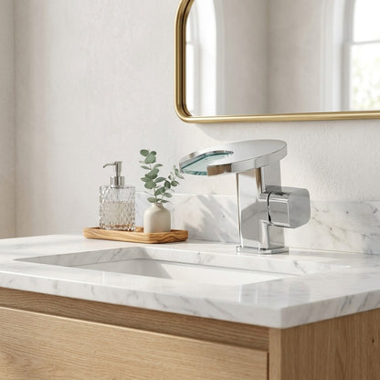 Lagomel waterfall single-hole bathroom faucet, set in a Modern/Minimalist bathroom