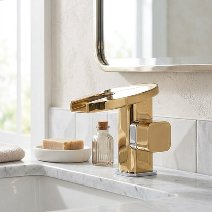 Lagomel waterfall single-hole bathroom faucet, set in a Modern/Minimalist bathroom