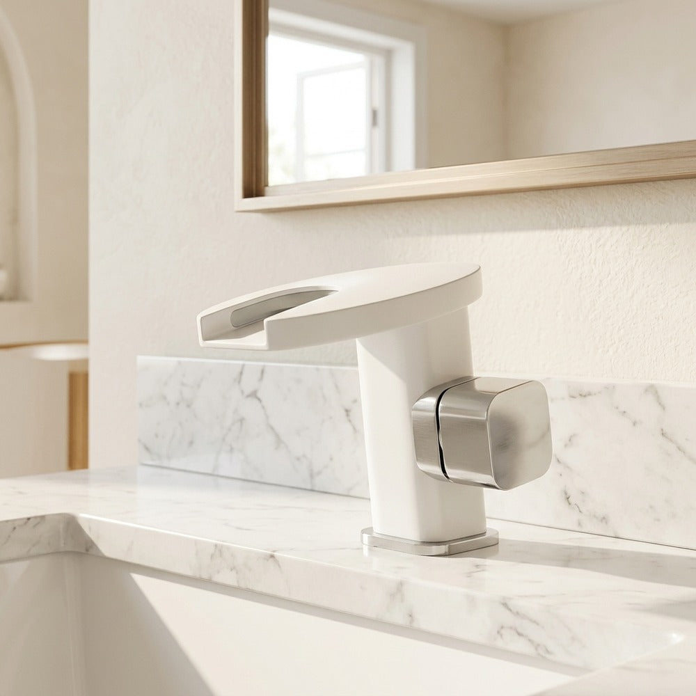 Lagomel waterfall single-hole bathroom faucet, set in a Modern/Minimalist bathroom