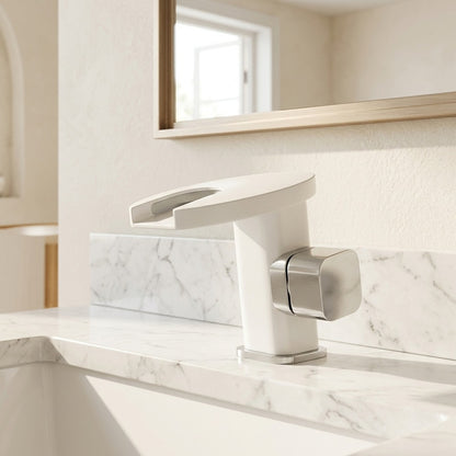 Lagomel waterfall single-hole bathroom faucet, set in a Modern/Minimalist bathroom
