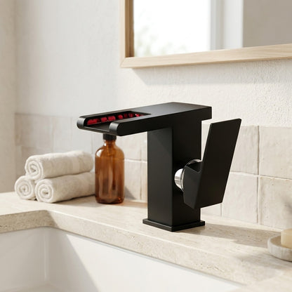 Lagomel waterfall single-hole bathroom faucet in chrome, matte black, matte white, set in a Modern/Contemporary bathroom